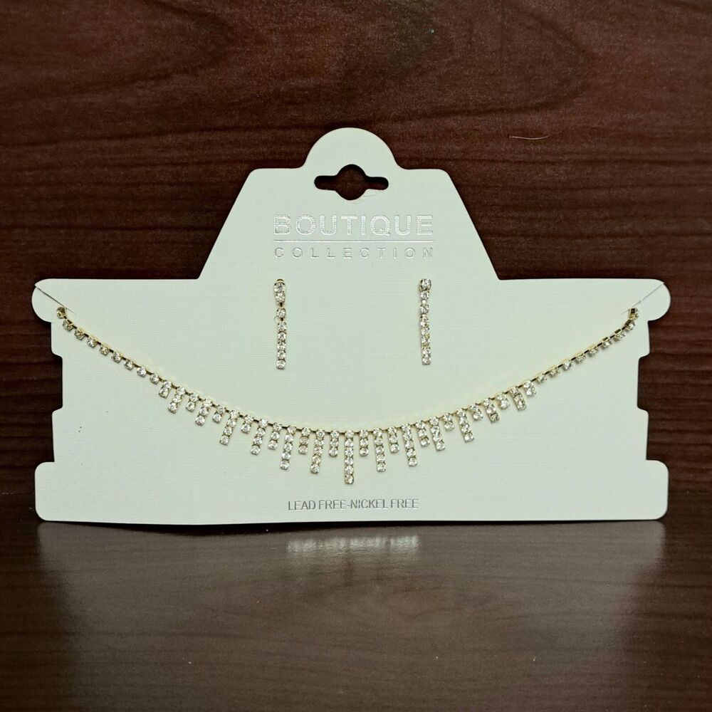 Boutique Collection NEW Necklace and Earrings Set Rhinestones Gold Tone